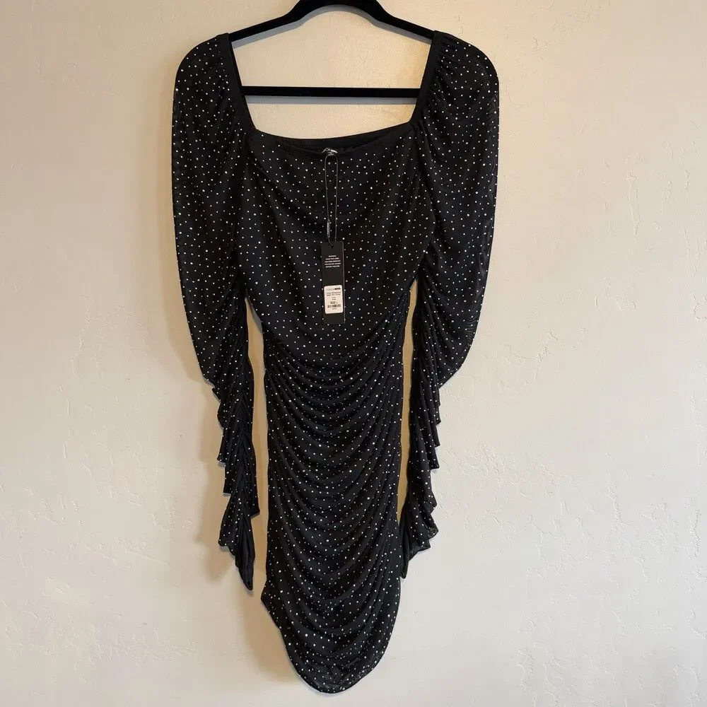 NWT Fashion Nova Tabby Mesh Rhinestone Mini Bodycon Dress Size L Stretch - Picture 3 of 7
